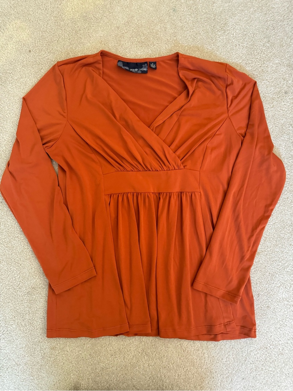 Susan Graver Rust-Orange Long Sleeve V-Neck Empire Top